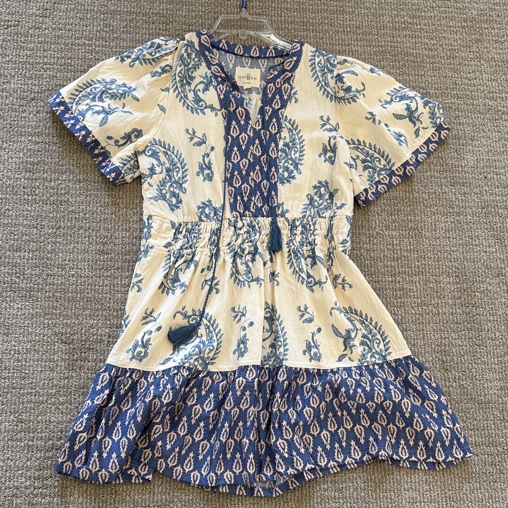 Umgee Cream and Blue Printed Boho Dress
